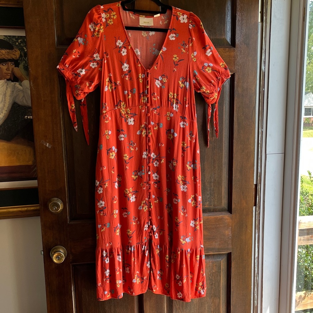 Maeve by Anthropologie Orange Floral Midi Dress